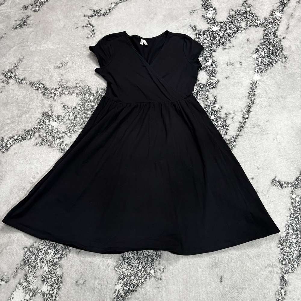 Pact Womens Size Large Black Faux Wrap V Neck Short Sleeve Fit Flare Midi Dress